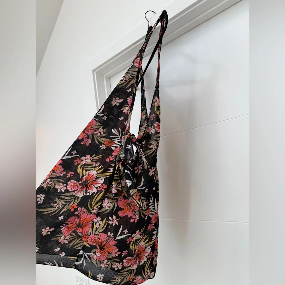 Xhilaration Side Tie Black Floral Lightweight Swim Coverup Dress Vacation Size S - Picture 5 of 10
